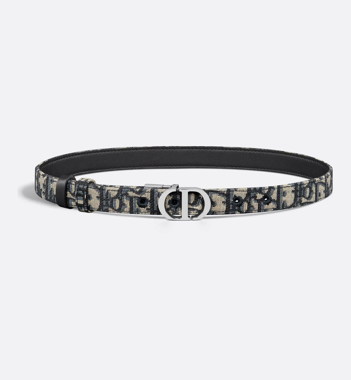 30 Cintura reversibile Montaigne in pelle di vitello liscia blu e jacquard Oblique in fibbia argento 20 mm donna