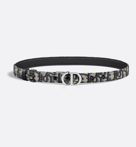 30 Cintura reversibile Montaigne in pelle di vitello liscia blu e jacquard Oblique in fibbia argento 20 mm donna