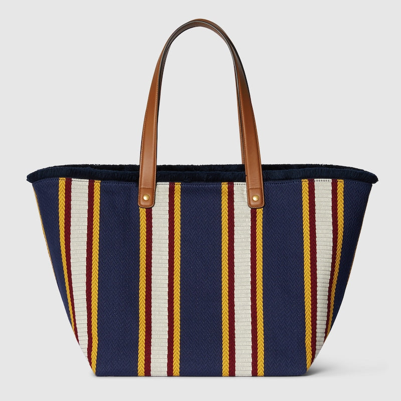 Borsa Shopping in Tessuto Ricamato Blu Scuro Misura Media