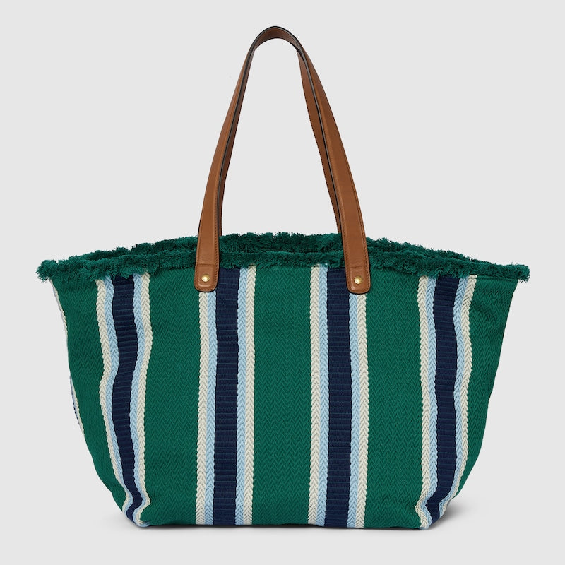 Borsa Shopping in Tessuto Ricamato Verde Misura Media