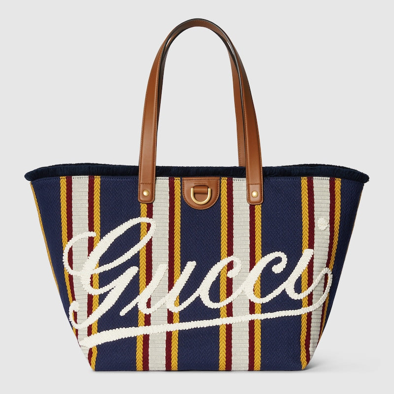 Borsa Shopping in Tessuto Ricamato Blu Scuro Misura Media