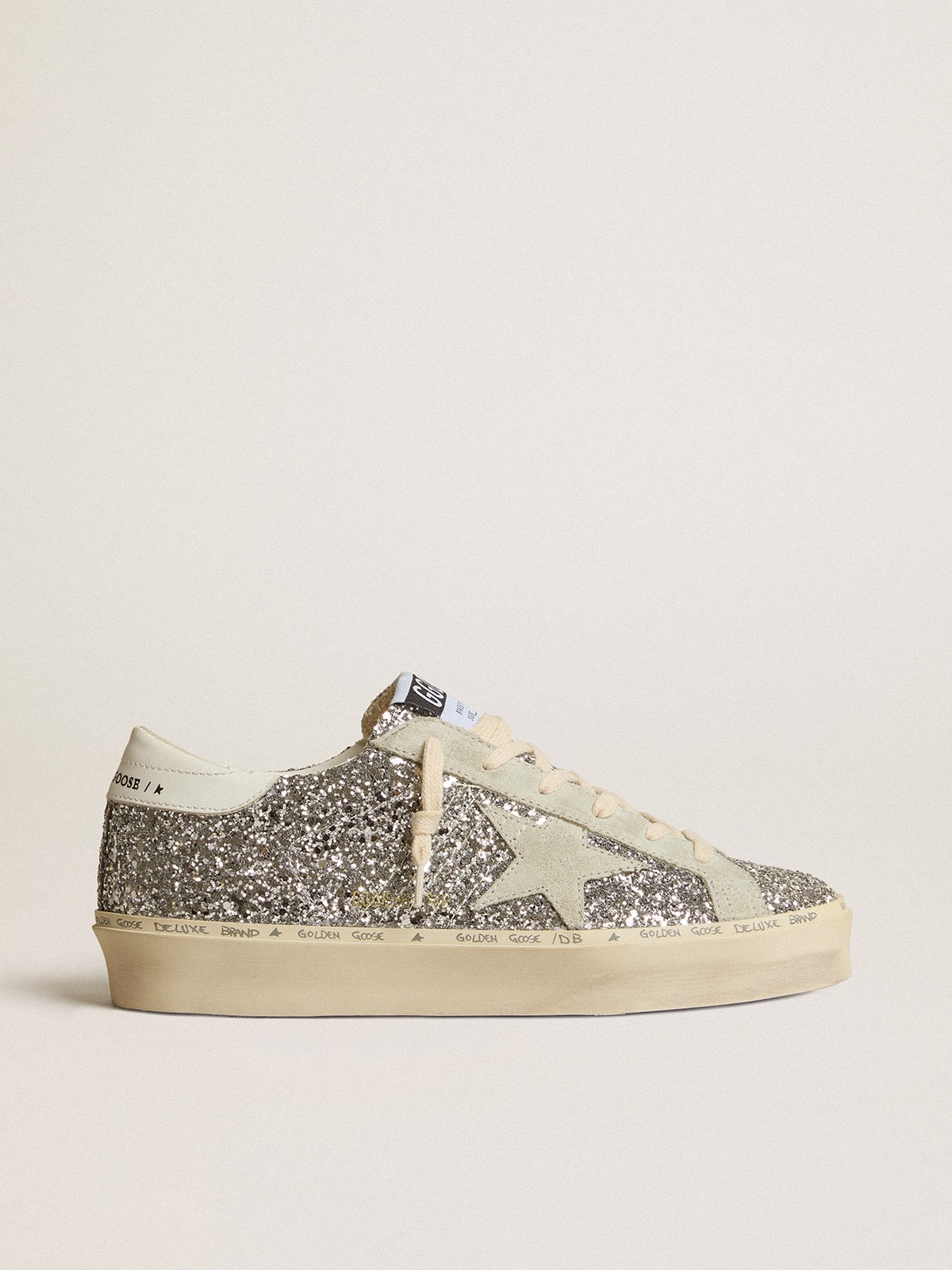 Glitter argento con stella in suede e talloncino bianco