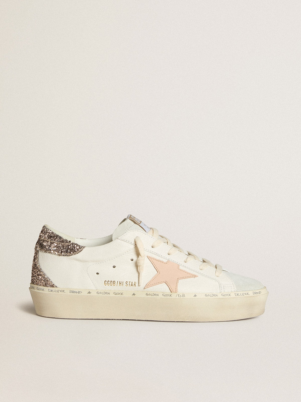 Nappa bianca con stella in pelle rosa e talloncino in glitter